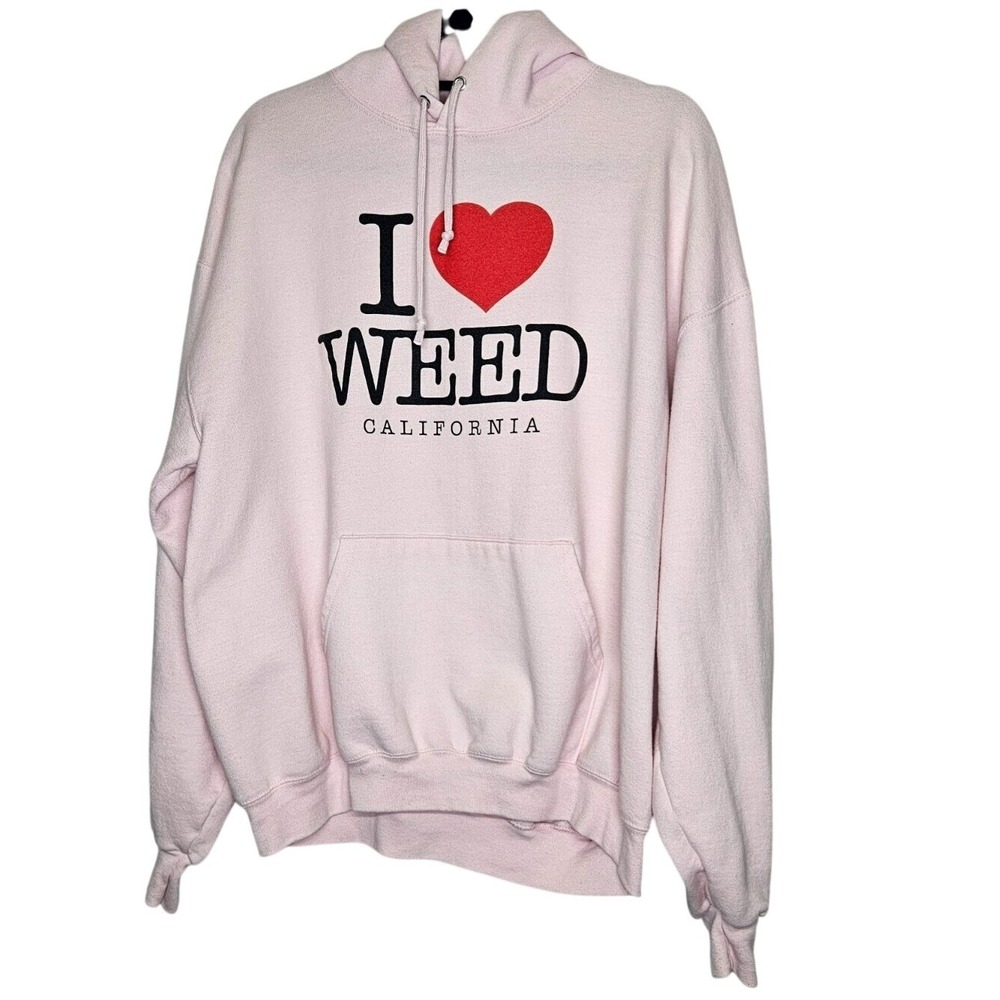 Jerzees Pink I Love Weed California Graphic Hoodie Sweatshirt XL Novelty Travel